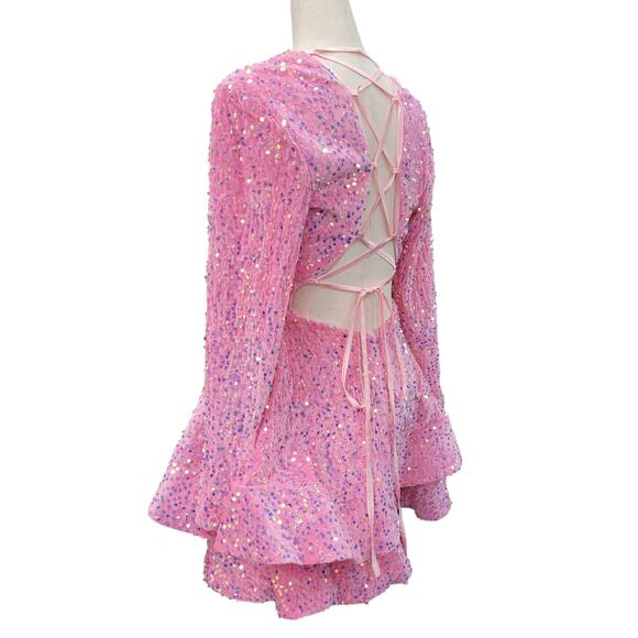 NWT Bubblegum Pink Sequin Short Dress Long Sleeves Open Corset Back - Picture 7 of 10